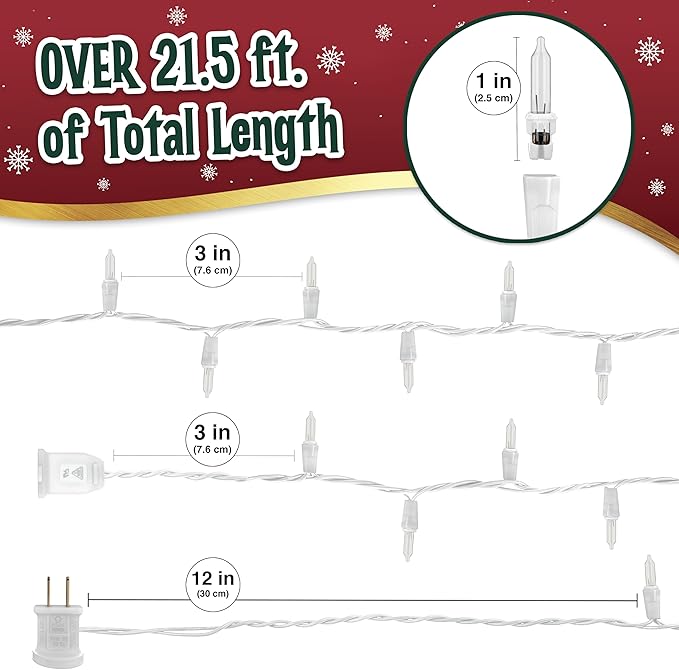 Clear Warm White Christmas Lights - 20 ft String of 105 Incandescent Mini Multifunctional Lighting Modes for Decorative, Bedroom, Outdoor, Xmas Twinkle Christmas Tree Lights, White Wire Total 21.6 ft