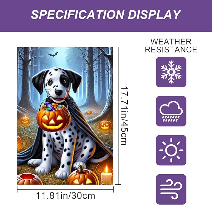 Halloween Dog Garden Flag 12x18 Inch Dalmatian Tia Pumpkin Candy Basket Fall Yard Flag Double Sided Trick or Treat Banner for Porch Lawn Outdoor Holiday Halloween Decoration