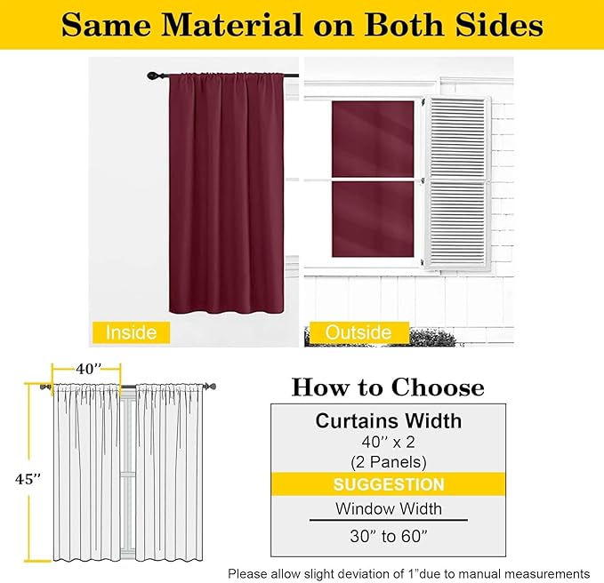 Burgundy Room Darkening Curtains for Bedroom Living Room 45 Inch Length 2 Panels Set, Soft Solid Thermal Insulated Rod Pocket Short Curtains Drapes, Burgundy, 2PCS Each 40" Wx45 L