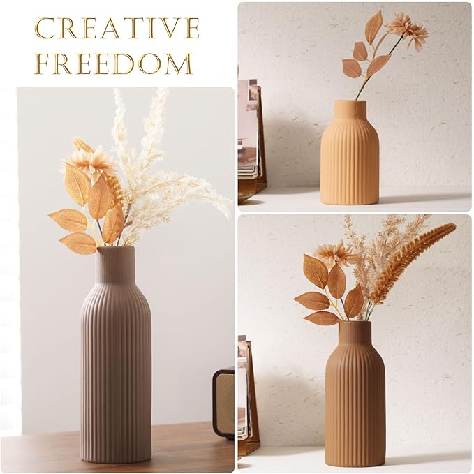 Ceramic Vase Set of 3 - Handcrafted Ceramic Vases for Home Decor & Shelf - Modern Farmhouse Decor for Kitchen, Office, Bedroom & Living Room Decorative Objects for Mantel, Table Centerpieces