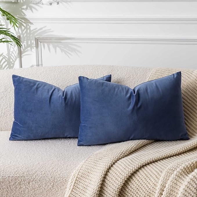 JUSPURBET Throw Pillow Covers Set of 2 Decorative Velvet Pillow Covers for Couch Sofa Bed Soft Lumbar Cushion Covers with Invisible Zipper for Living Room Home Decor,Blue,12x20 inch