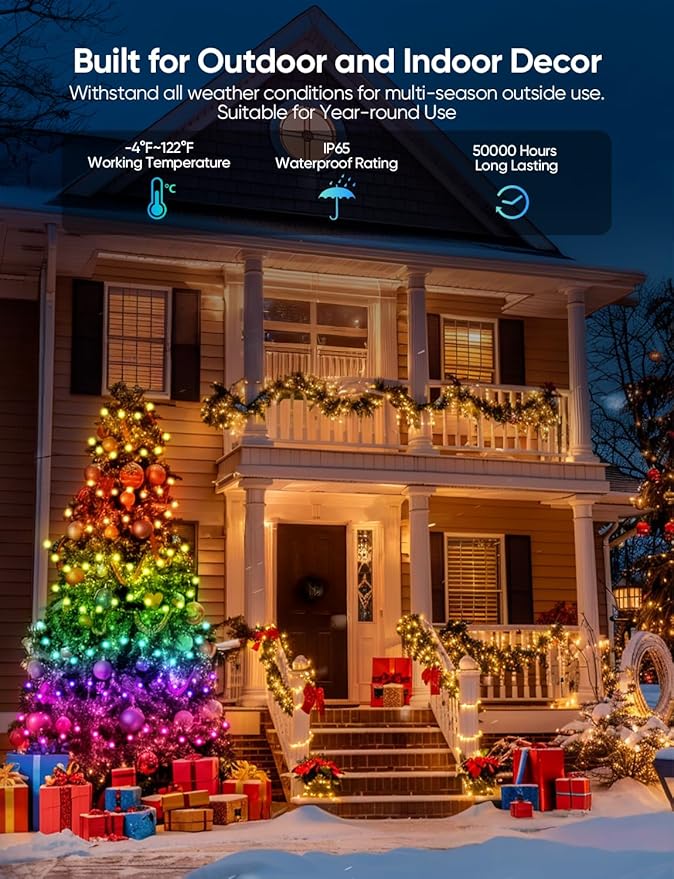 APPECK Christmas String Lights,66 FT 200 LED Outdoor String Lights, 111 Scene Modes Smart RGBW Color Changing Fairy Lights with App Controlled, Decoration String Light for Indoor, Outdoor Tree Decor