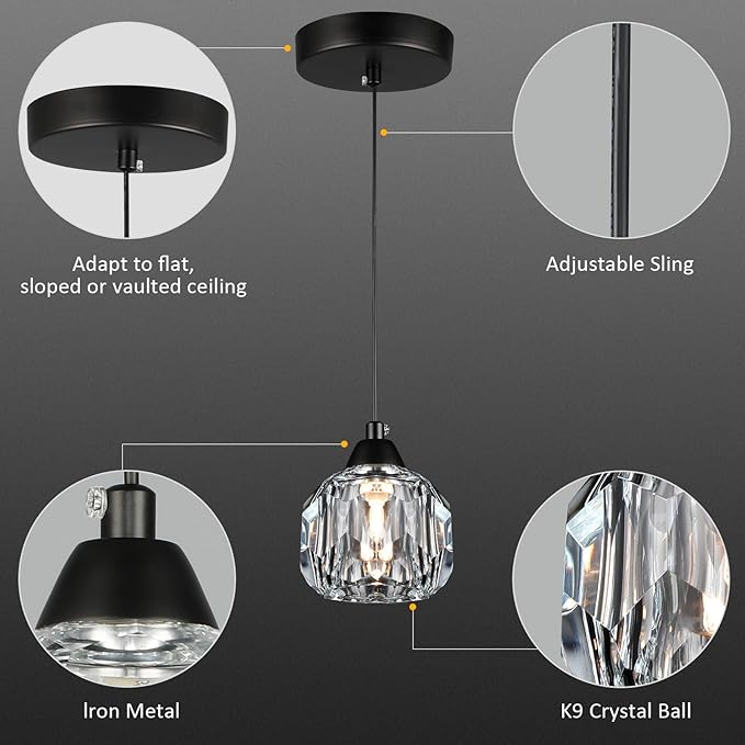 Crystal Chandeliers for Dining Room Lights Fixture Over Table, 3 Pack Black Modern Pendant Light Fixture，Crystal Pendant Lighting for Kitchen Island Bathroom Bar