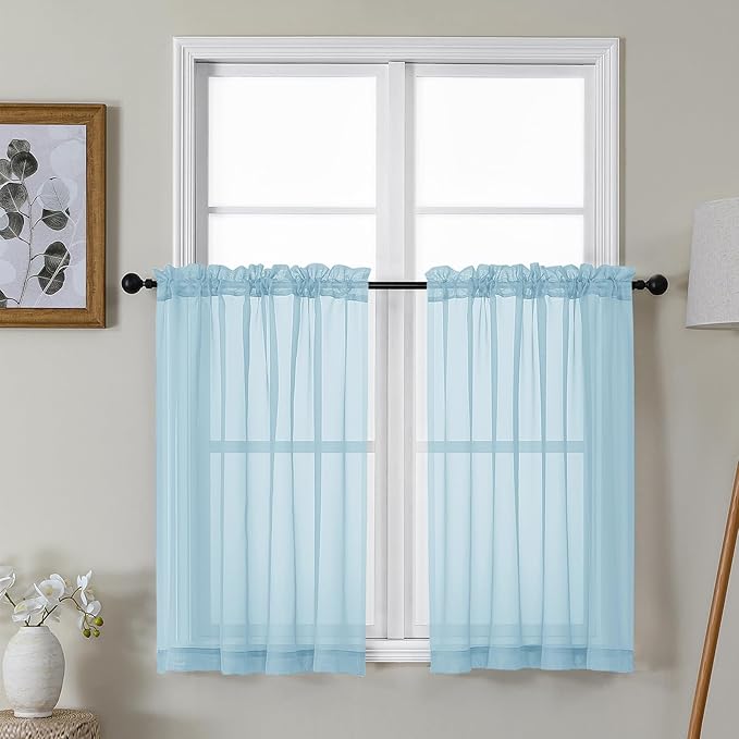 Gwine Sky Blue Sheer Kitchen Curtains 36 Inch Length, Light Filtering Voile Soft Airy Small Cafe Curtains, Short Window Curtain for Bathroom Basement, 42x36 inch, 2PCS