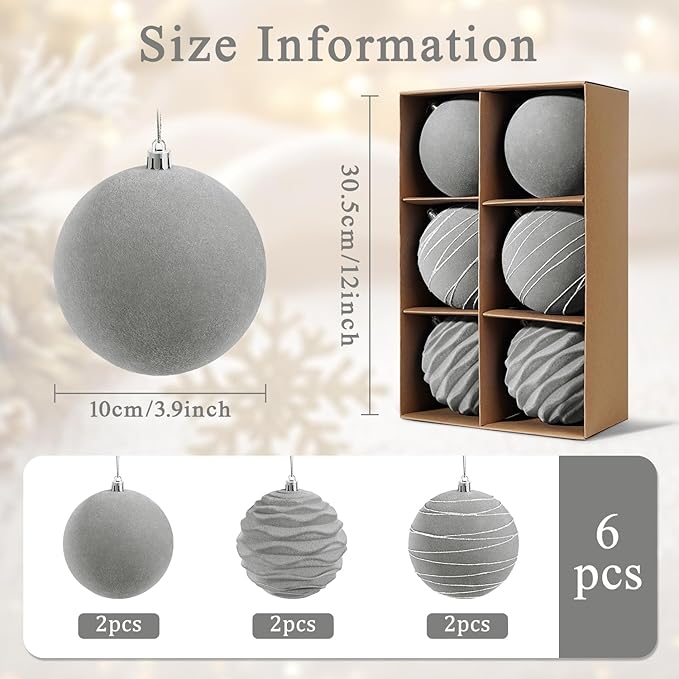 Artmag 6Pcs Velvet Christmas Ornaments Balls Sets for Christmas, Plastic Shatterproof Xmas Tree Flocked 3.94 inch Ornaments Balls for Winter Holiday Decor (Grey)