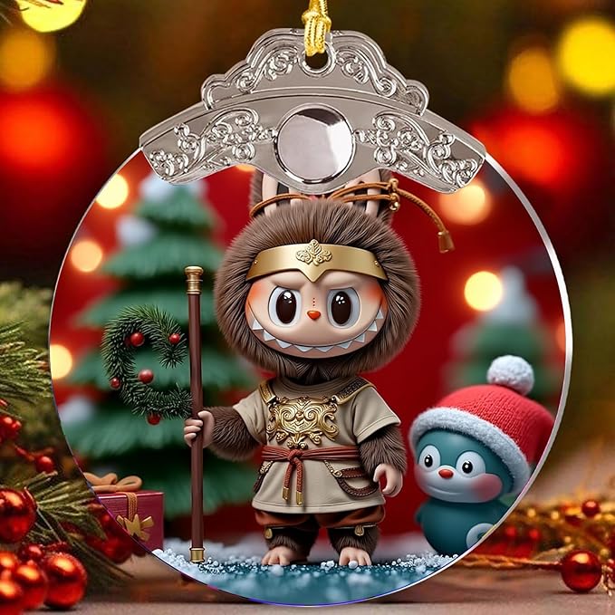 Christmas Tree Ornament, Stained Glass Angel Monster Design, 3.45 Inch Round, Decorative Hanging Pendant with Silver Frame, Holiday Home Decor