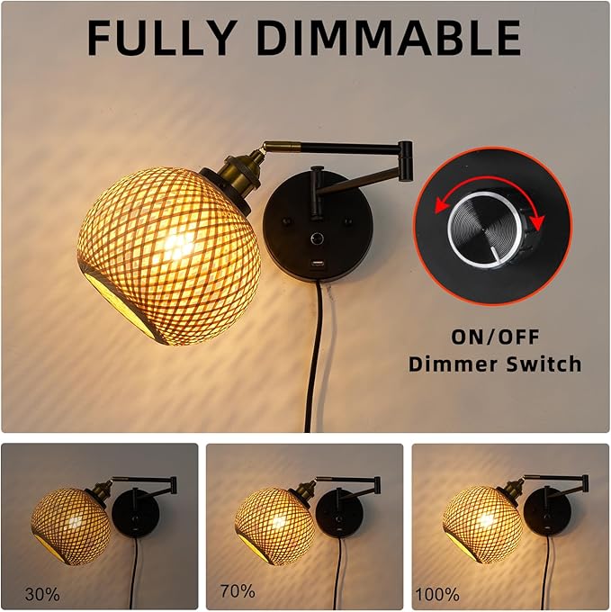 Rattan Plug in Wall Sconce Hand-Woven Rattan Swing Arm Wall Lamp with USB Port and Dimmer Switch Black Vintage Wall Light Fixtures Suitable for Bedroom Living Room.