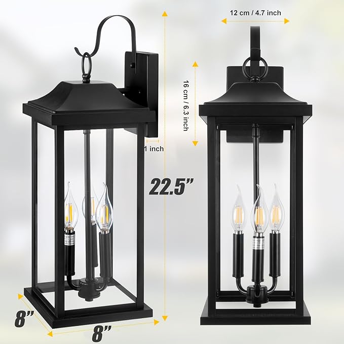 23” Extra Large 3-Light Outdoor Light Fixture 1-Pack, IP65 Waterproof Exterior Light Fixture with Clear Tempered Glass Modern Outside Wall Mount Lamp Matte Black Front Porch Lantern, E12