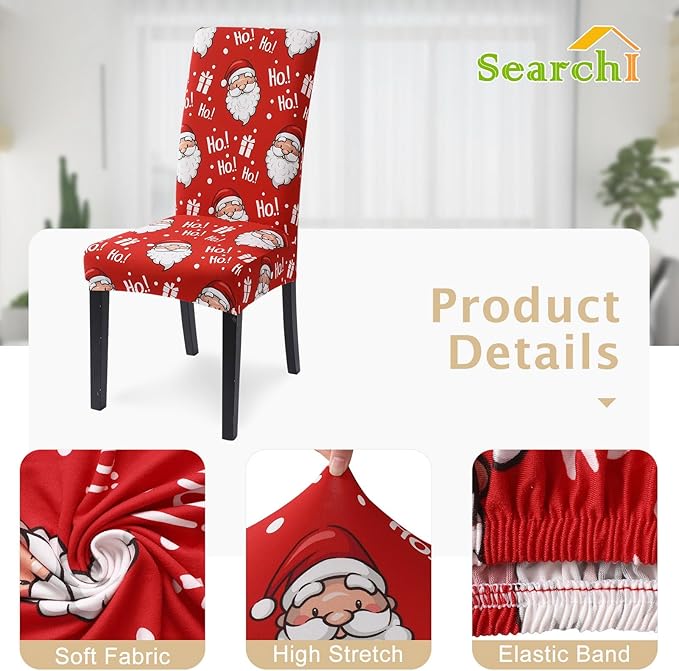 SearchI Christmas Chair Covers Set of 6, Stretch Xmas Kitchen Chair Cover Removable Washable Holiday Parsons Chair Slipcovers for Dining Room, Christmas Decoration, Ceremony(Santa Claus)