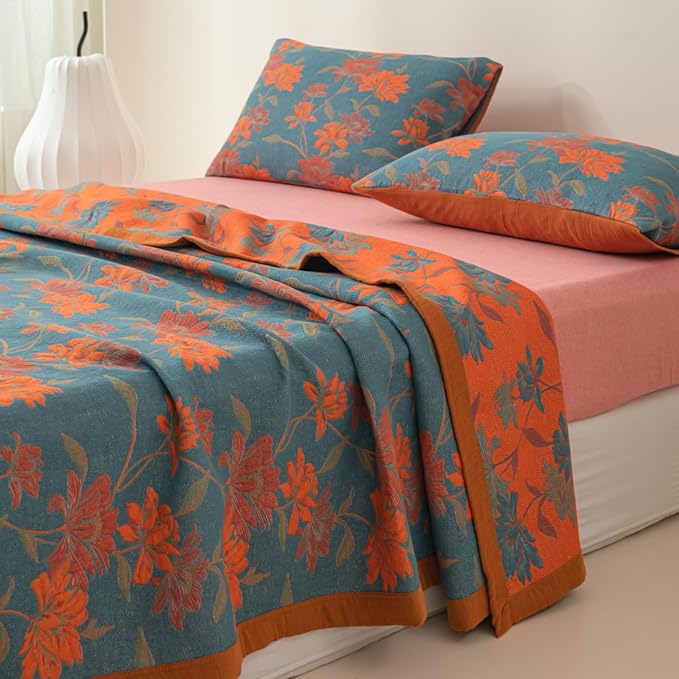 100% Cotton Muslin Blanket Jacquard Floral Flowers Bloosom Print Quilt, Soft Bed Cover 3 Layers Reversible Bedspread Coverlet Breathable Lightweight Bedding Twin(59"x94"), No Pillow Sham