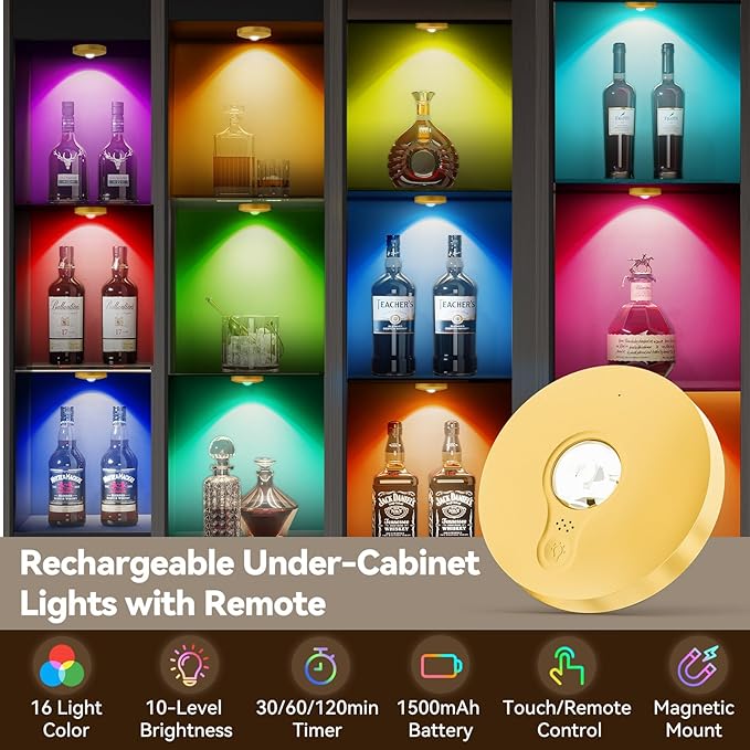 Yiliaw Rechargeable Puck Lights with Remote, Magnetic Under Cabinet Lighting, 1500mAh Battery Operated LED Tap Lights with Dimmer & Timmer for Kitchen, Closet, Shelf，Gold-3 Color Temps-12RGB，12-Pack