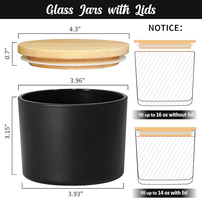 16oz Candle Jars 6 Pack, 3 Wick Matt Black Glass Empty Candle Jars with Bamboo Lids for Candle Making, Large Wide Mouth Candle Container Bulk for 12/13/14/15oz Candles, with Stickers and Label