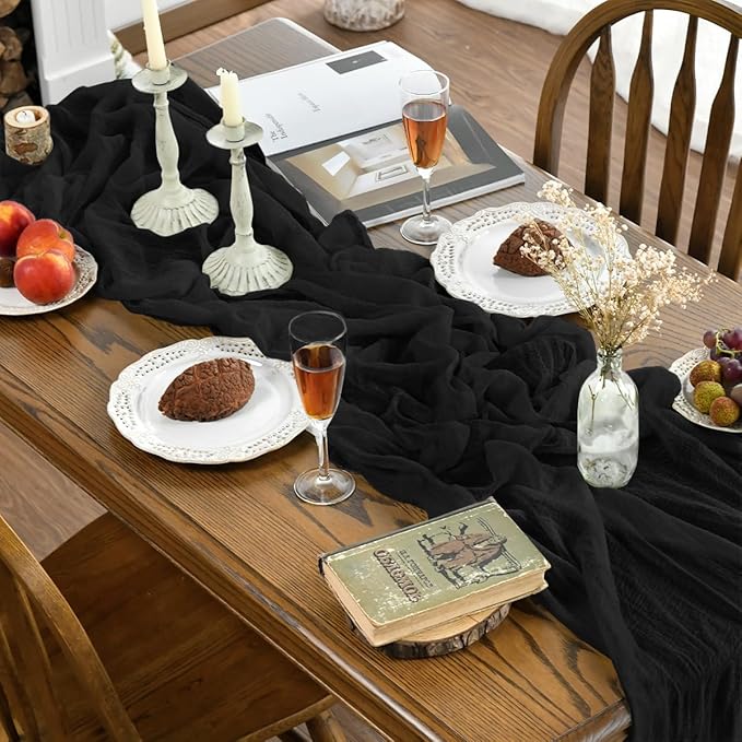 Artoid Mode Boho Cheesecloth Gauze Black Wedding Table Runner, 120 Inch Seasonal Fabric Kitchen Dining Holiday Table Decor for Home Party Indoor