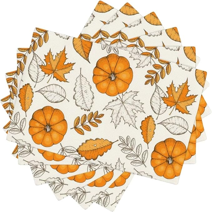 Autumn Orange Pumpkin Placemats, Rustic Farmhouse Vintage Fall Pumpkins Maple Leaves Thanksgiving Farmhouse Table Mats for Kitchen Dinning Indoor Outdoor Party Decor, 6PCS