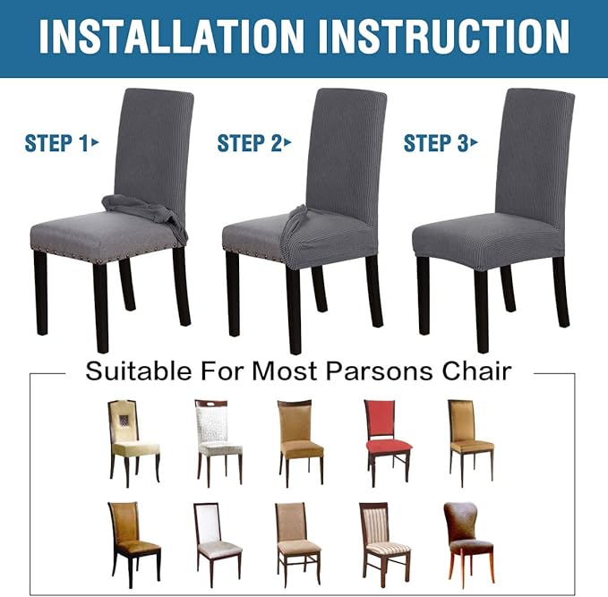 H.VERSAILTEX Stretch Dining Chair Covers Set of 6 Chair Covers for Dining Room Parsons Chair Slipcover Chair Protectors Covers Dining, Feature Textured Checked Jacquard Fabric, Gray