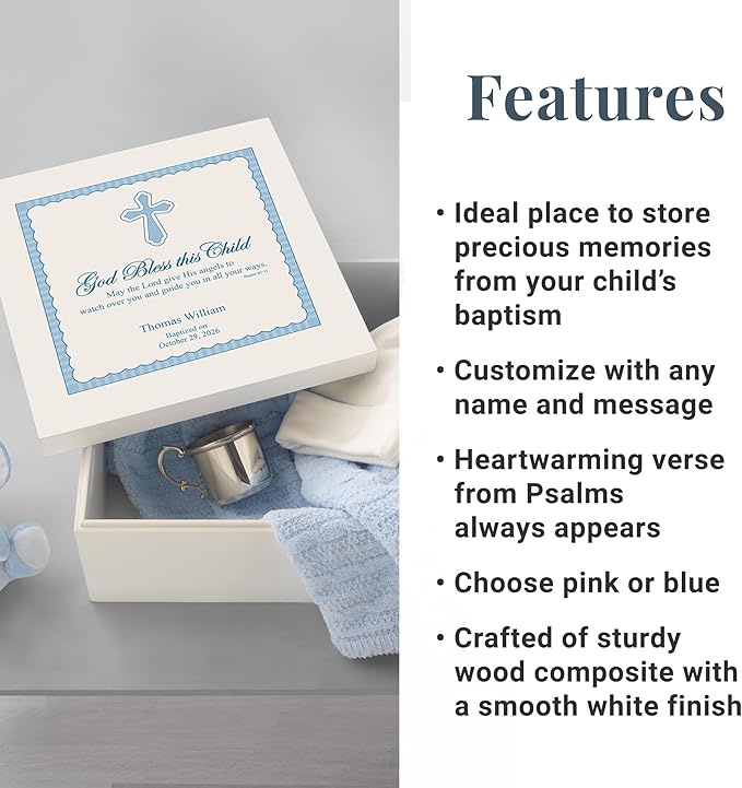 Let's Make Memories Personalized Keepsake Box for Blessed Child - Memories Box - Baptism - Confirmation - Memento Storage - For Boys - 6" Hx12 Sq - God Bless - Blue