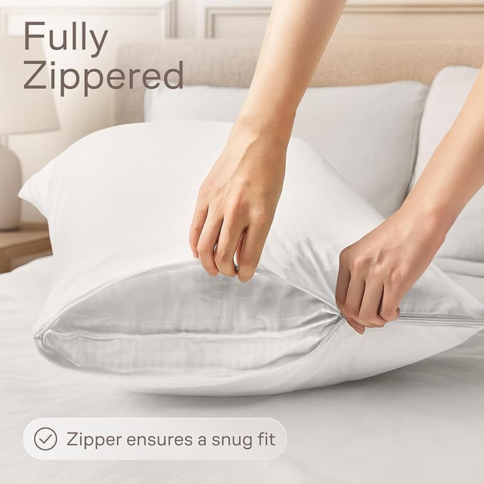 Ultra Soft Pillow Protectors with Zipper King Size - Set of 4 Breathable Pillow Covers - 100% Protection Against Stains, Dust & Dirt - Machine Washable (White)