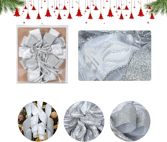 Christmas Tree Topper Bow, 43" Christmas Wreath Bows Silver and White Ribbon Ornaments with Tassels Snowflakes and Glitter, Home Decor for Holiday Xmas Decoration Home Parties Wedding Gift