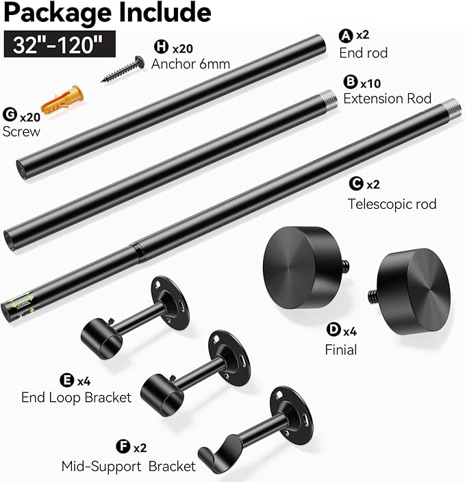 YaFex 2 Pack Heavy Duty Curtain Rods 32-120 Inch, 1 Inch Adjustable Long Curtain Rods for Windows, Black Window Treatment Rod Set with Aluminium Finials, Modern Design