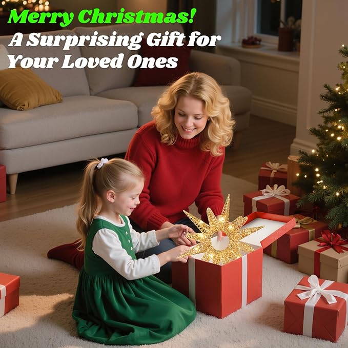 Lewondr Christmas Tree Topper, 14.17'' Metal Xmas Star Tree Topper with 30 LED Bulbs, USB Remote Control Glittered Sunflower Treetop, 6H Timer, 8 Light Modes Christmas Decorations for Home, Gold