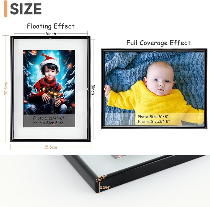 Wall Floating Frame, 6"×8", Black, 2 Set, Wall Mounting or Wall Leaning, For Photo 6×8, 5×7, 4×6, Classy For Festival, Anniversary, Wedding, Home or Office Décor