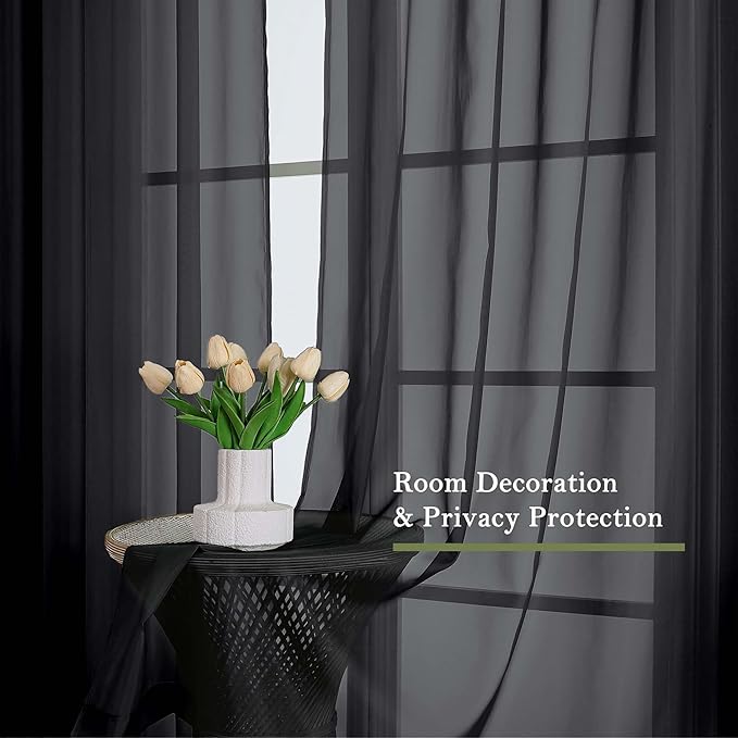 Lecloud Black Sheer Curtains 96 Inches Long 2 Panels, Solid Airy Voile Dual Rod Pocket Sheer Curtains, Light Filtering Privacy Window Curtain Drapes for Living Room Bedroom Balcony, 59" W x 96" L