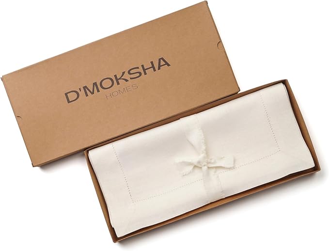 D'Moksha Homes Linen Ivory Table Runner 84 Inches Long - 100% Pure Linen Table Runner 14 x 84 Inch for Valentines, Spring, Easter - Classic Hemstitch