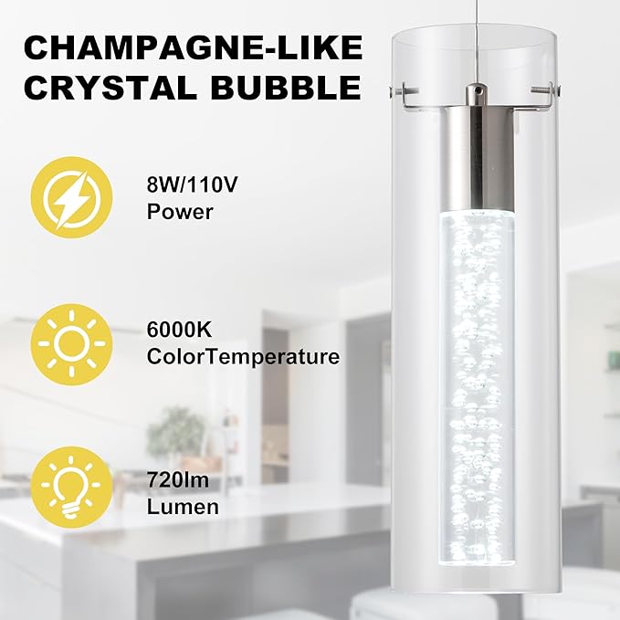 Pendant Ceiling Light Fixture, LED Kitchen Lighting Crystal Pendant Lights Kitchen Island, Kitchen Hanging Light Fixture Modern Island Light with Bubble Glass Three Pack