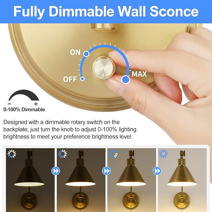 TRLIFE Wall Sconce Plug in, Brushed Brass Dimmable Wall Sconce Swing Arm Wall Lights Plug in Wall Mounted Light with 6FT Plug in Cord, E26 Base, UL Listed(1 Pack)