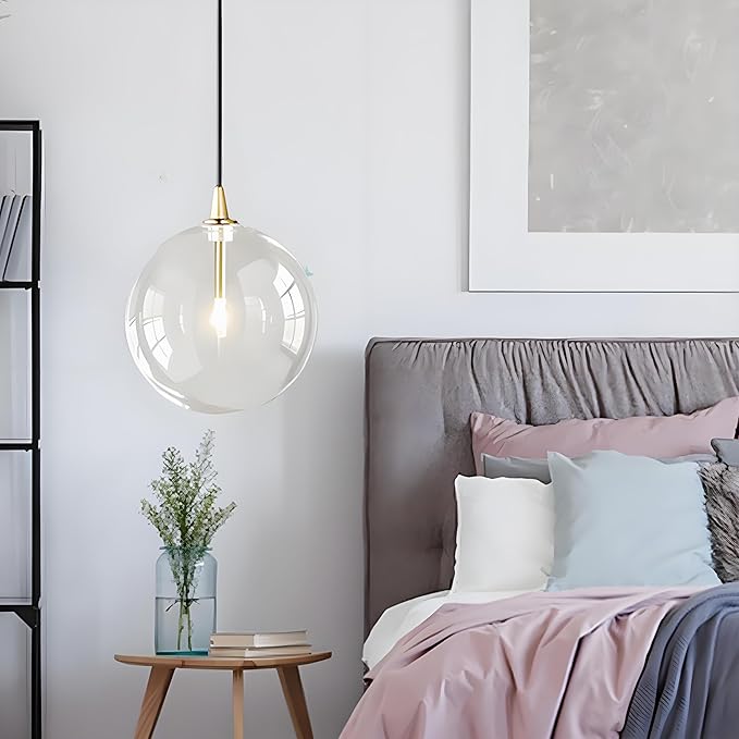 Minimalist Transparent Glass Ball Pendant Light in Gold Finish, Height Adjustable G4 LED Ceiling Haning Light for Dining Room & Living Room (20CM)