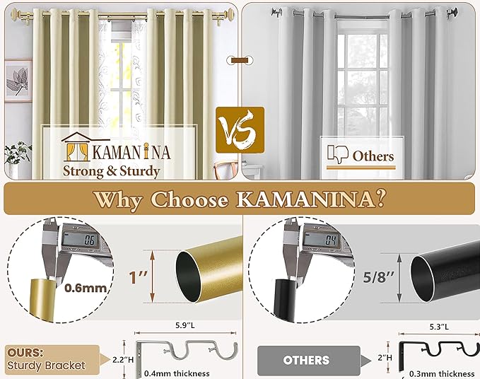 KAMANINA 1 Inch Double Curtain Rods 72 to 144 Inches (6-12 Feet) Telescoping Gold Curtain Rod for Windows 69 to 140 Inches, Long Drapery Rods with Square Finials