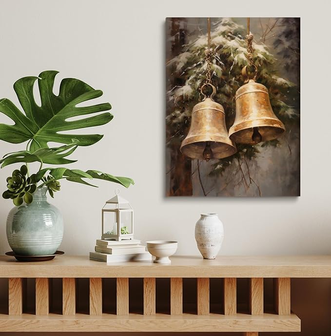 Vintage Christmas Wall Art, Brass Bells Print, Holiday Decor, Winter Print, Living Room Bedroom Dorm Decor - 12x16 Inch Framed Art