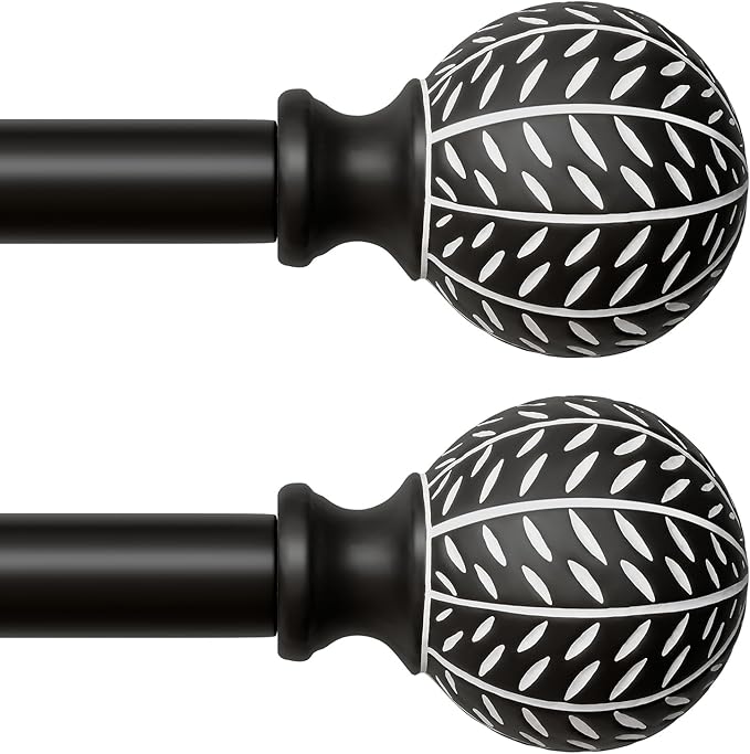 2 Pack Black Curtain Rods for Windows 48 to 84 Inch,1'' Diameter Drapery Rods with Leaf Pattern Finials,Decorative Adjustable Heavy Duty Curtain Rods Set,36-88''