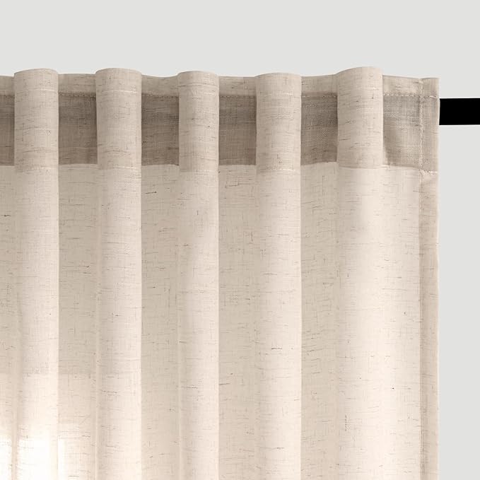 ANRODUO Beige Sheer Linen Curtains 63 inches Long 2 Panels for Living Room Bedroom Back Tab Pocket Light Filtering Airy Curtains Cotton Textured Modern Farmhouse Aesthetic Decor 37x63