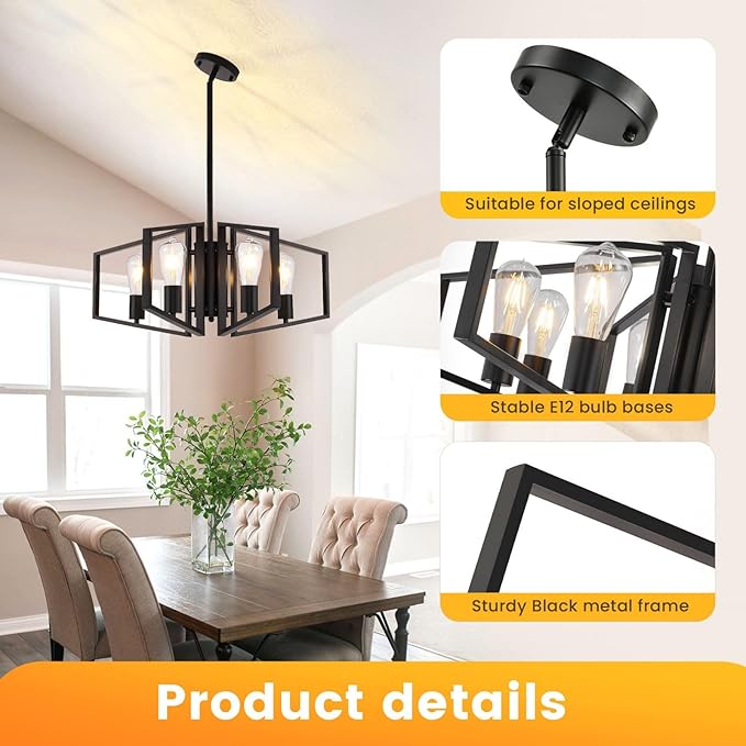 WJShome Black Chandelier, 4-Light Farmhouse Dining Room Light Fixture/Chandelier Over Table, Geometric Pendant Lights Kitchen Island, for Entryway, Foyer, Hallway