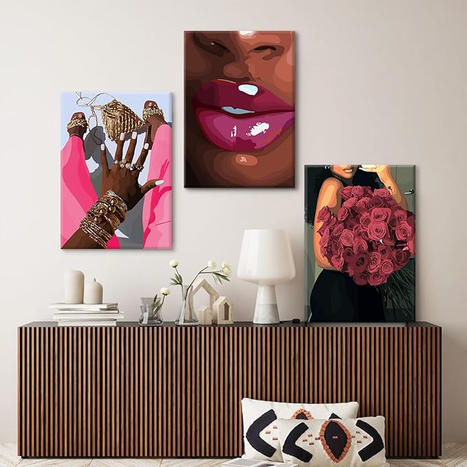 Black Girl Wall Art African Woman Canvas Wall Decor Pink Black Women People Art Fashion Poster African American Girl Picture Abstract Flower Painting for Bedroom Living Room 12x16x3 Inch Ready to Hang
