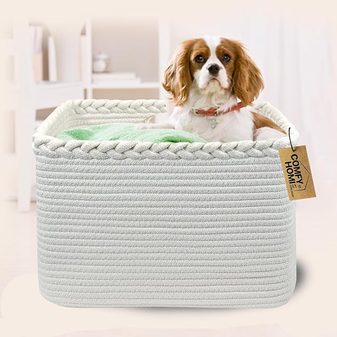 COMFY-HOMI Square Woven Cotton Rope Basket for Organizing, Gift Baskets for Handles, Empty Gift Baskets, Toy Basket for bins|13.5" x 11" x 9.5" home decor for Living Room, Bathroom