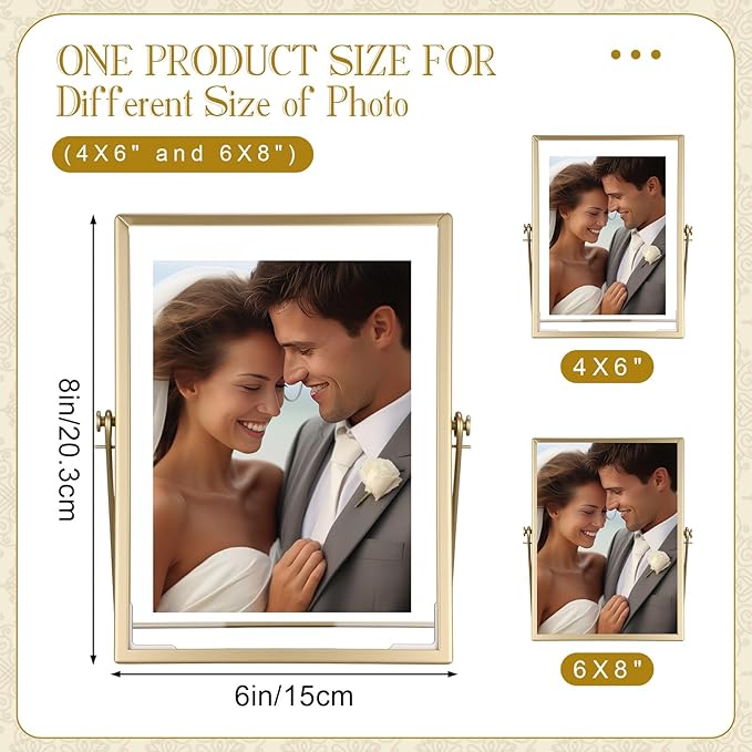 Amyhill Set of 6 Metal Picture Frames Vintage Minimal Ornate Floating Frames 4 x 6 Inches Photo Antique Easel Stand Vertical Glass Holder for Pictures Photos Desk Tabletop Display (Gold)