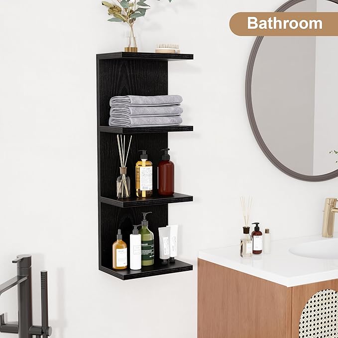 Fun Memories 4 Tier Wall Shelf Unit, Vertical Floating Shelf, Wall Mount Lack Shelving Home Decor Organizer Tall Tower Design Utility Shelving for Bedroom Living Room, Black