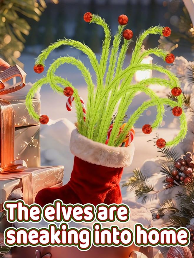 27" Elf Christmas Tree Topper - 6Pcs Lime Green Fluffy Curly Christmas Tree Picks Decorations Filler Ornaments with Glitter Red Balls, for Home Wreath Vase Holiday Party