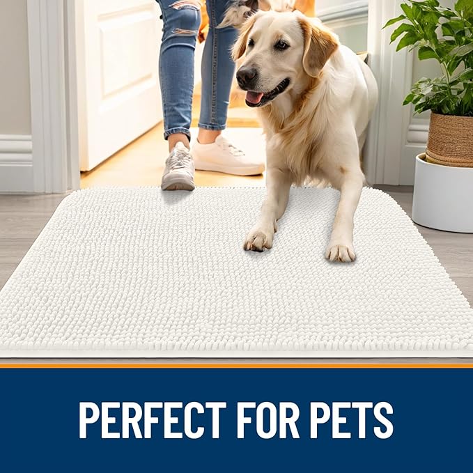 OLANLY Dog Door Mat for Muddy Paws 70x24, Absorbs Moisture and Dirt, Absorbent Non-Slip Washable Doormat, Quick Dry Chenille Mud Mat for Dogs, Entry Indoor Entryway Carpet for Inside Floor, Ivory