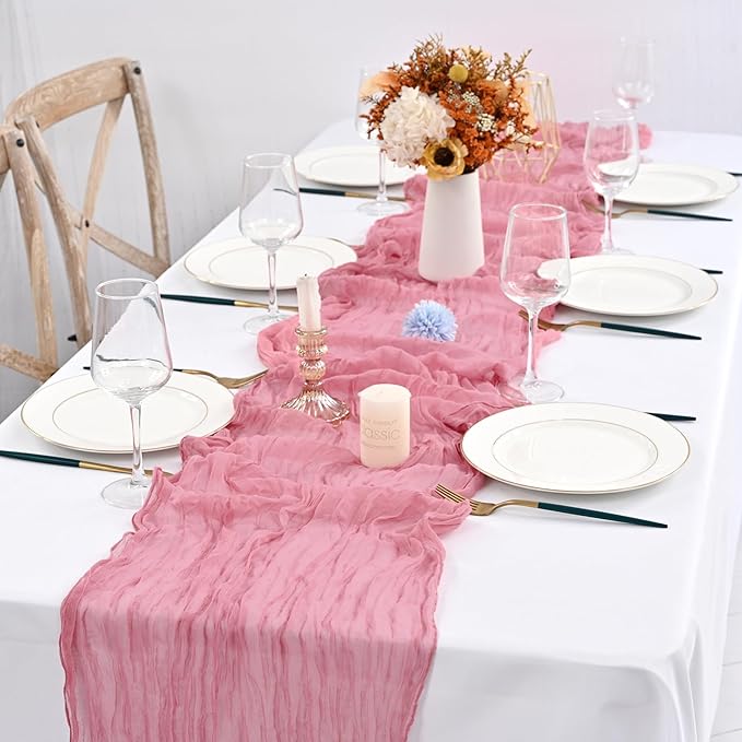 12 Pack Dusty Rose Cheesecloth Table Runner,10FT Gauze Boho Long Christmas Cheesecloth Tablerunners 20x120inch Rustic Cheese Cloth Table Runners for Wedding Party Bridal Shower,Table Decorations