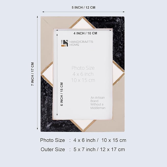 Handicrafts Home 4 by 6 Black Picture Frame – Menton Collection Handmade Resin Inlay & Brass Photo Frame for Modern Wall Decor, Holiday & Seasonal Home Styling, Shelf & Desk Decor, Minimal Home Decor