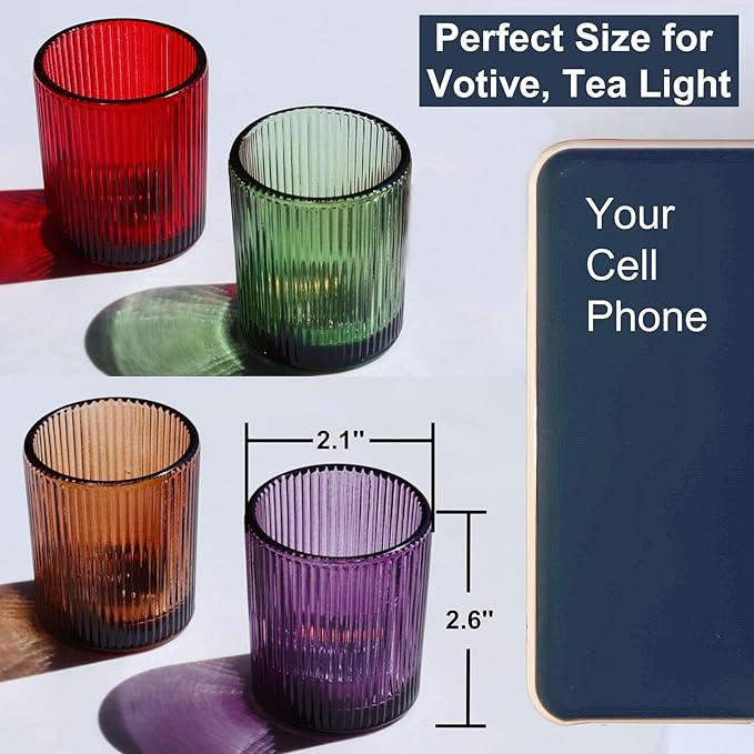 VOHO 24pcs Multicolor Tealight Candle Holder, Vintage Ribbed Tea Light Candle Holder Glass for Room Decor, 4 Color Votive Candle Holders for Table Centerpiece(Green/Red/Purple/Amber)