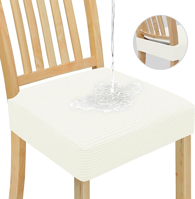 Easy-Going 100% Waterproof Seat Covers for Dining Room Chairs, Stretch Jacquard Chair Seat Slipcovers Removable and Washable Kitchen Dining Chair Covers (Set of 8, Cream)