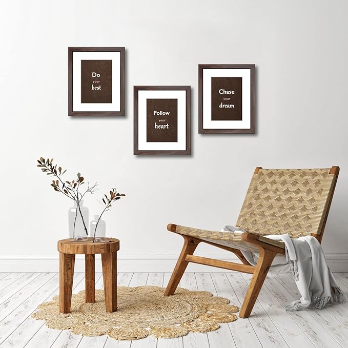 8x10 Picture Frame Set of 3 with Real Glass for Pictures 5x7 with Mat or 8x10 Without Mat, Wall Mounting or Tabletop display Photo Frames in Walnut