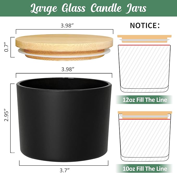 12oz Candle Jars, 8 Pack Large Black Glass Empty Candle Jars for Candle Makings with Bamboo Lids and Wick Kit, Multiple Wick Wide Mouth Candle Container Bulk, Ideal for Candle Business