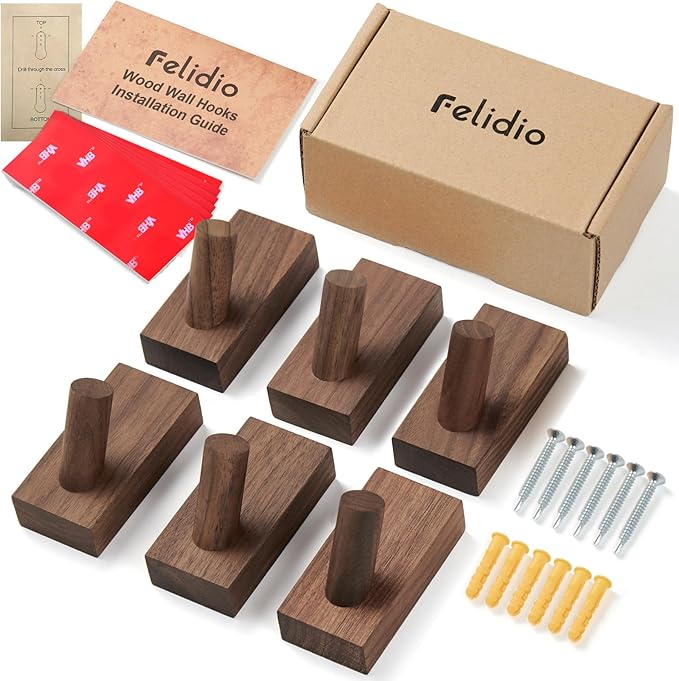 Natural Wooden Wall Hooks, Adhesive & Screw Mount Coat and Towel Hooks - Decorative Key Holder, Hat Rack, Stocking Wall Hangers for Bathroom Entryway Closet - 6 Pack, Walnut Wood