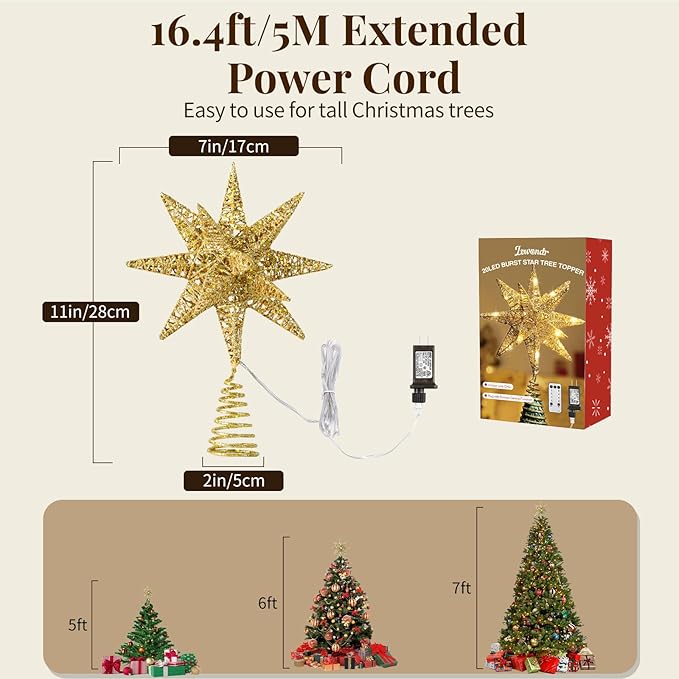 Lewondr Christmas Tree Topper, Plug in 3D Starburst Xmas Lighted Star Tree Topper, Remote Control & Timer Light Up Vintage Moravian Tree Topper for Christmas Decoraiton, Warm Light, Gold