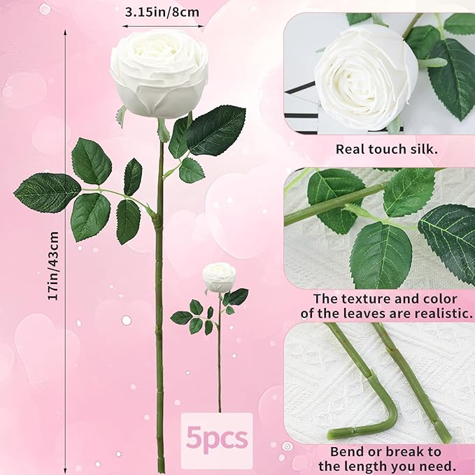 5Pcs White Real Touch Artificial Austin Rose Peony Silk Flowers with Stems - Lifelike Latex Fake Roses for Home Decor, Weddings, and DIY Floral Arrangements